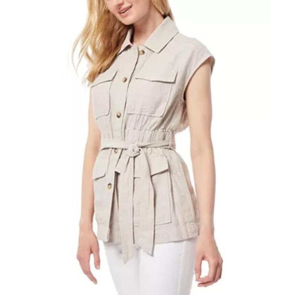 NWT Size XL Jones New York Women's Belted Safari Beige Linen Fabrication Vest